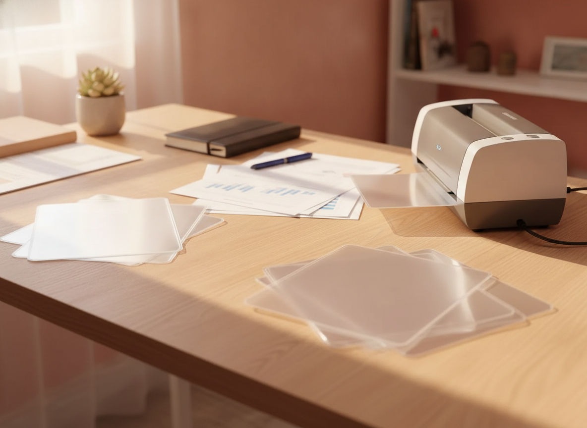 Micas plastificar carnet en escritorio de oficina chilena ambiente de trabajo