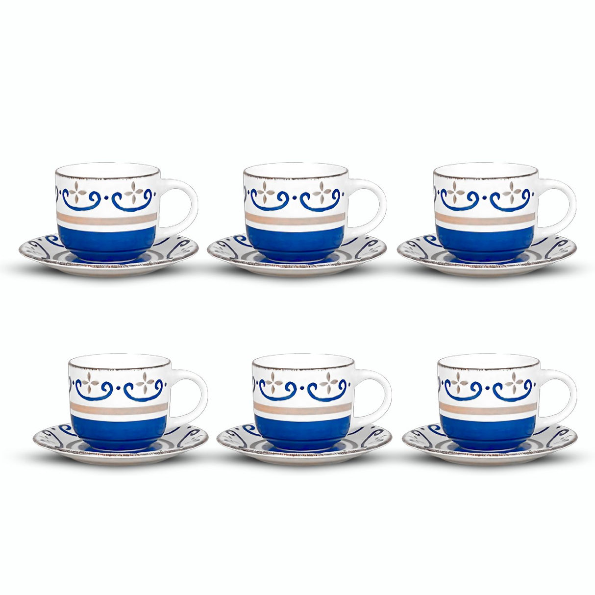 Set 6 Tazas Porcelana 350mL Platillos Estilo Mediterráneo Cocina