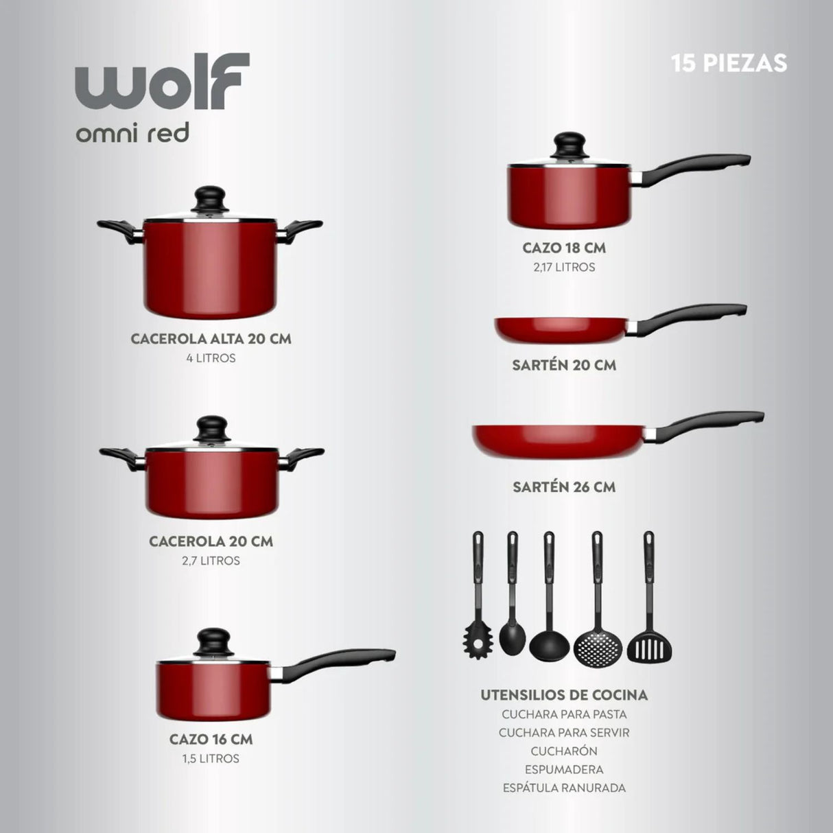 Batería de Cocina 15Pzas Aluminio Antiadherente Rojo Wolf