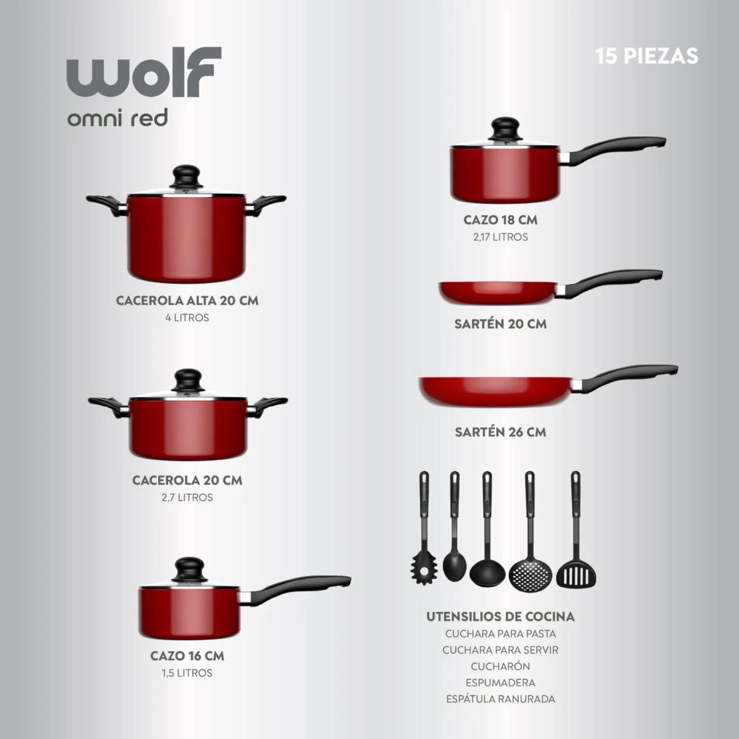 Batería de Cocina 15Pzas Aluminio Antiadherente Rojo Wolf
