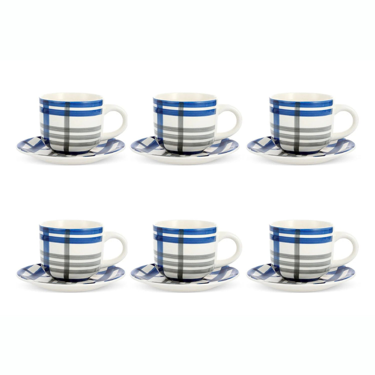 Set 6 Tazas Porcelana 350mL Platillos Cuadrillé Cocina