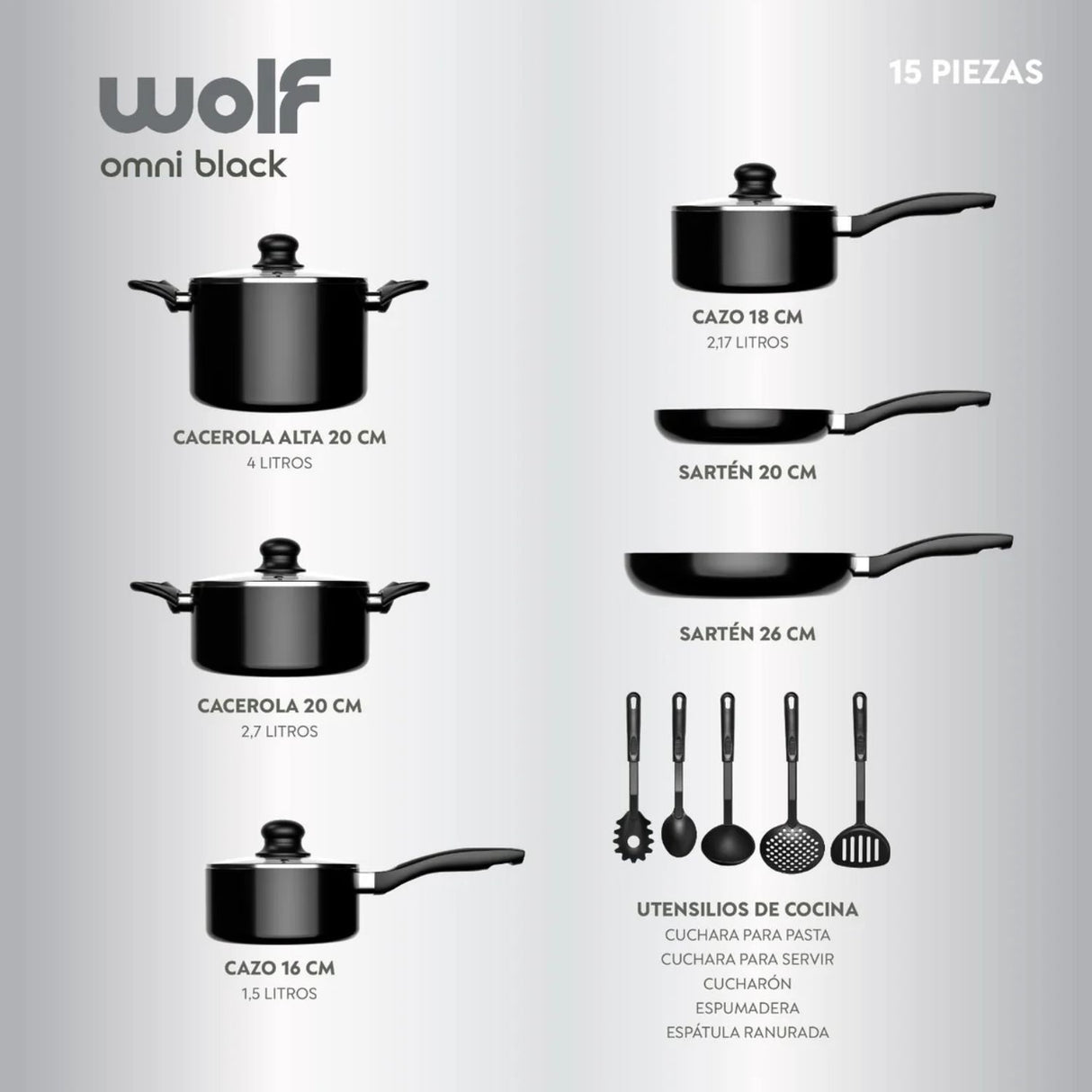 Batería de Cocina 15Pzas Aluminio Antiadherente Negro Wolf