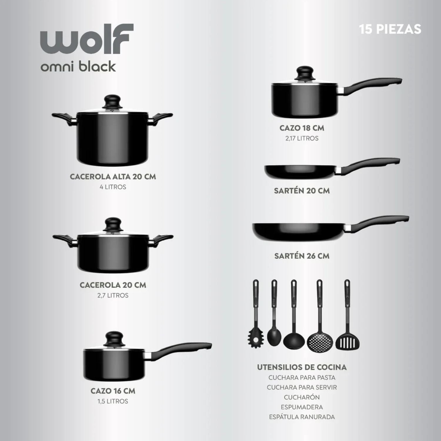 Batería de Cocina 15Pzas Aluminio Antiadherente Negro Wolf