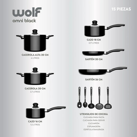 Batería de Cocina 15Pzas Aluminio Antiadherente Negro Wolf