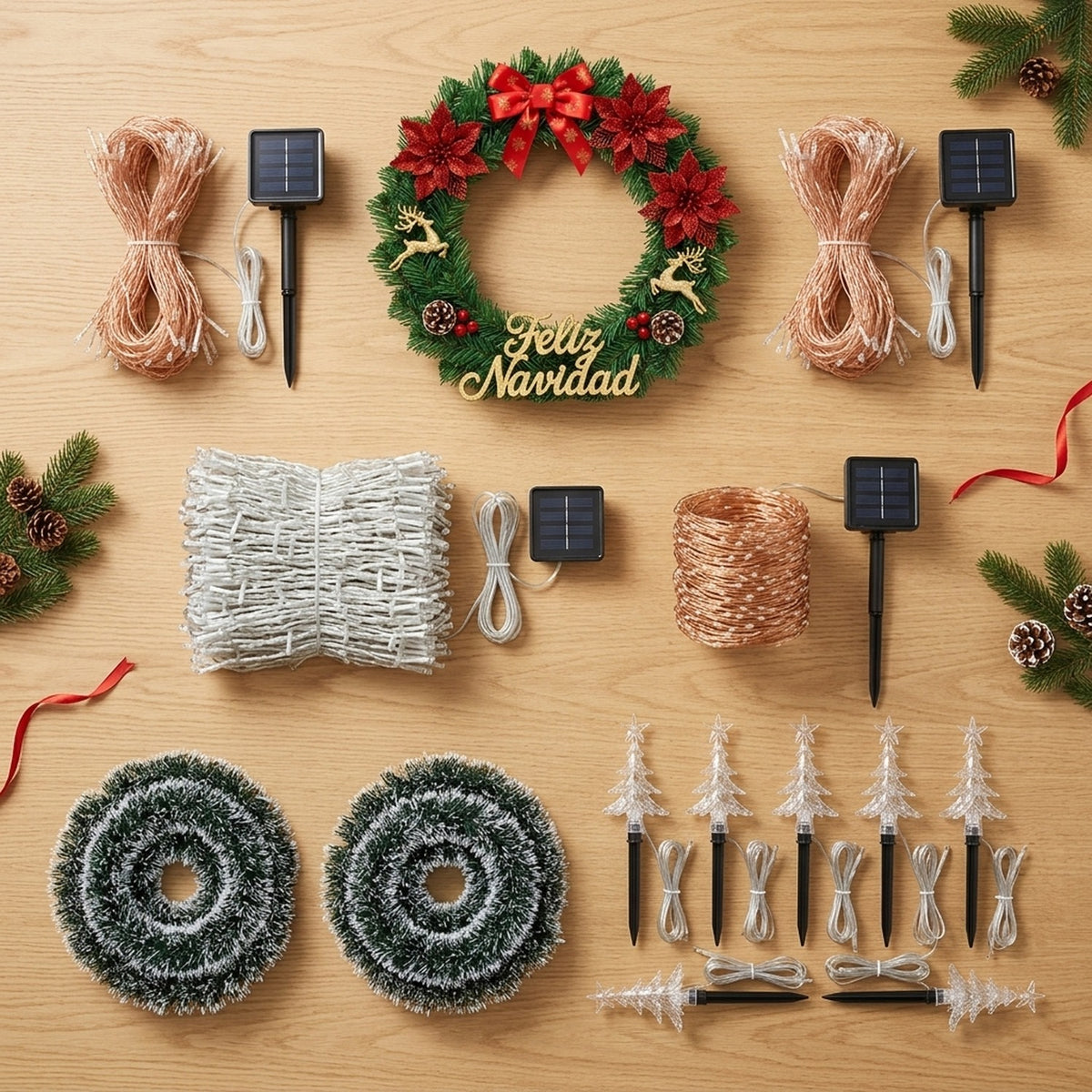 Set Navideño Luces Solares Guirnaldas Corona 8 Piezas