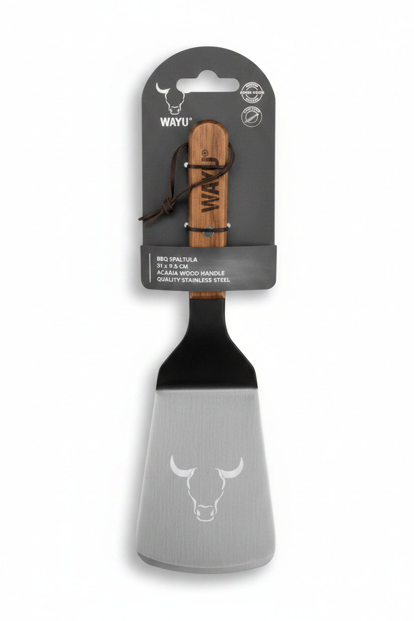 Espatula Cocina Acero Inoxidable Mango Madera 31cm Asado Wayu fondo blanco