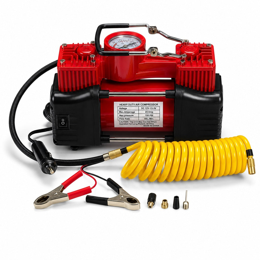 Compresor de Aire 12V Doble Pistón 150 PSI Kit Neumáticos