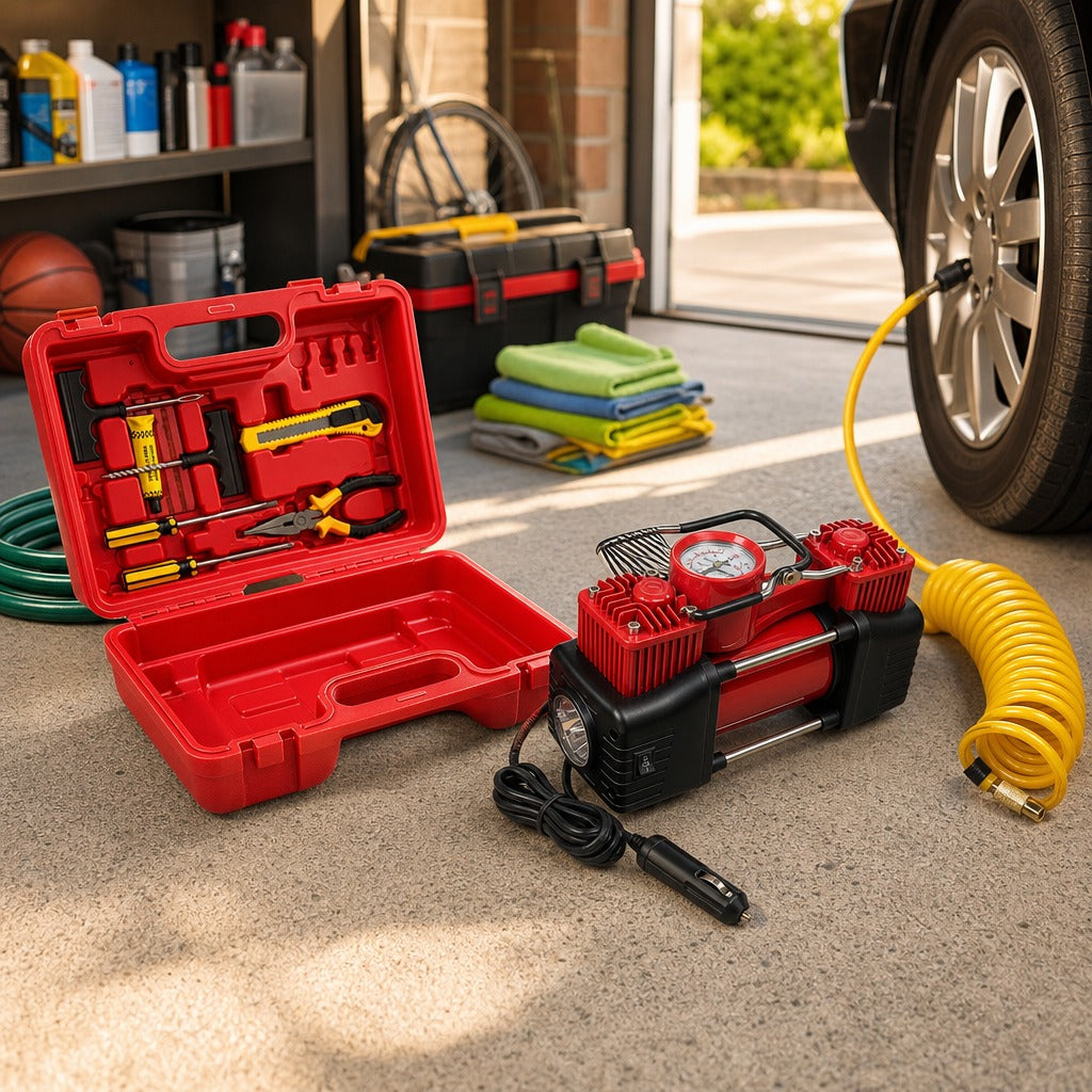 Compresor de Aire 12V Doble Pistón 150 PSI Kit Neumáticos