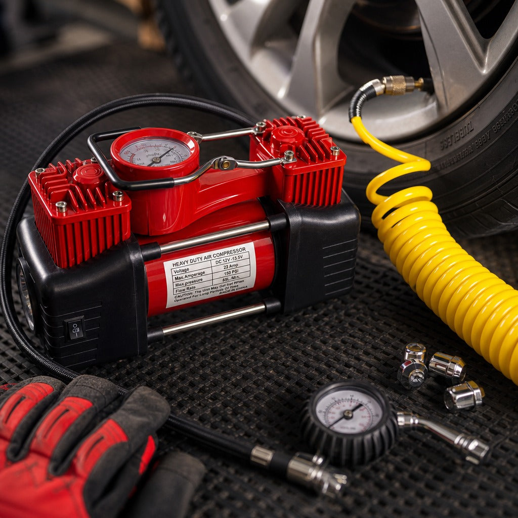 Compresor de Aire 12V Doble Pistón 150 PSI Kit Neumáticos