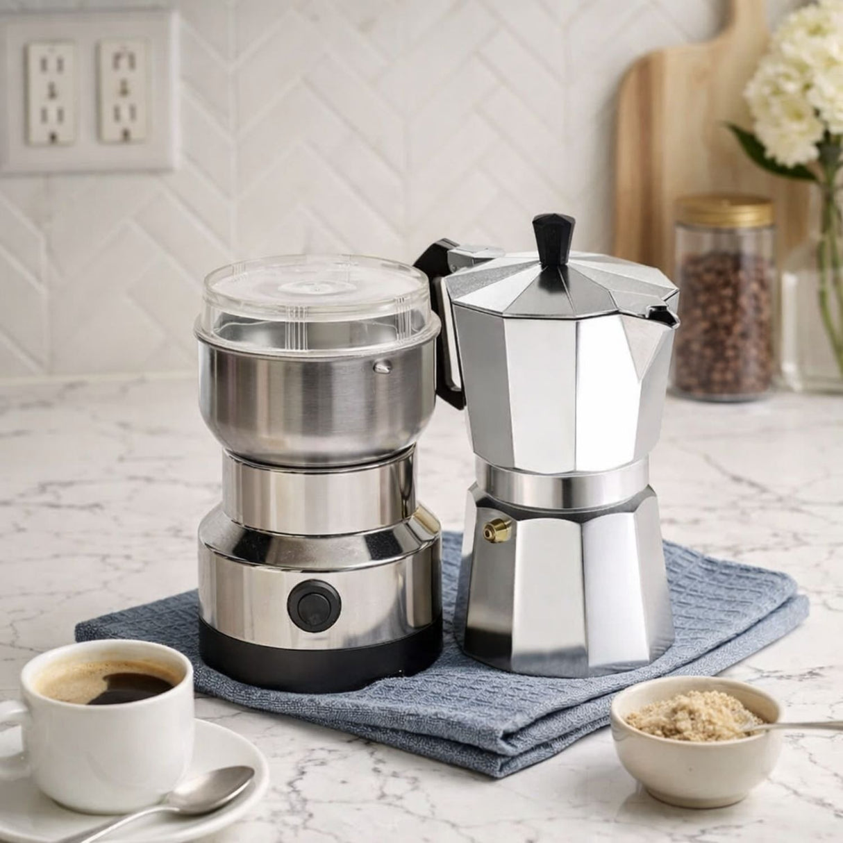 Moledor Eléctrico De Café + Cafetera Italiana Greca 3 Tazas Color Gris