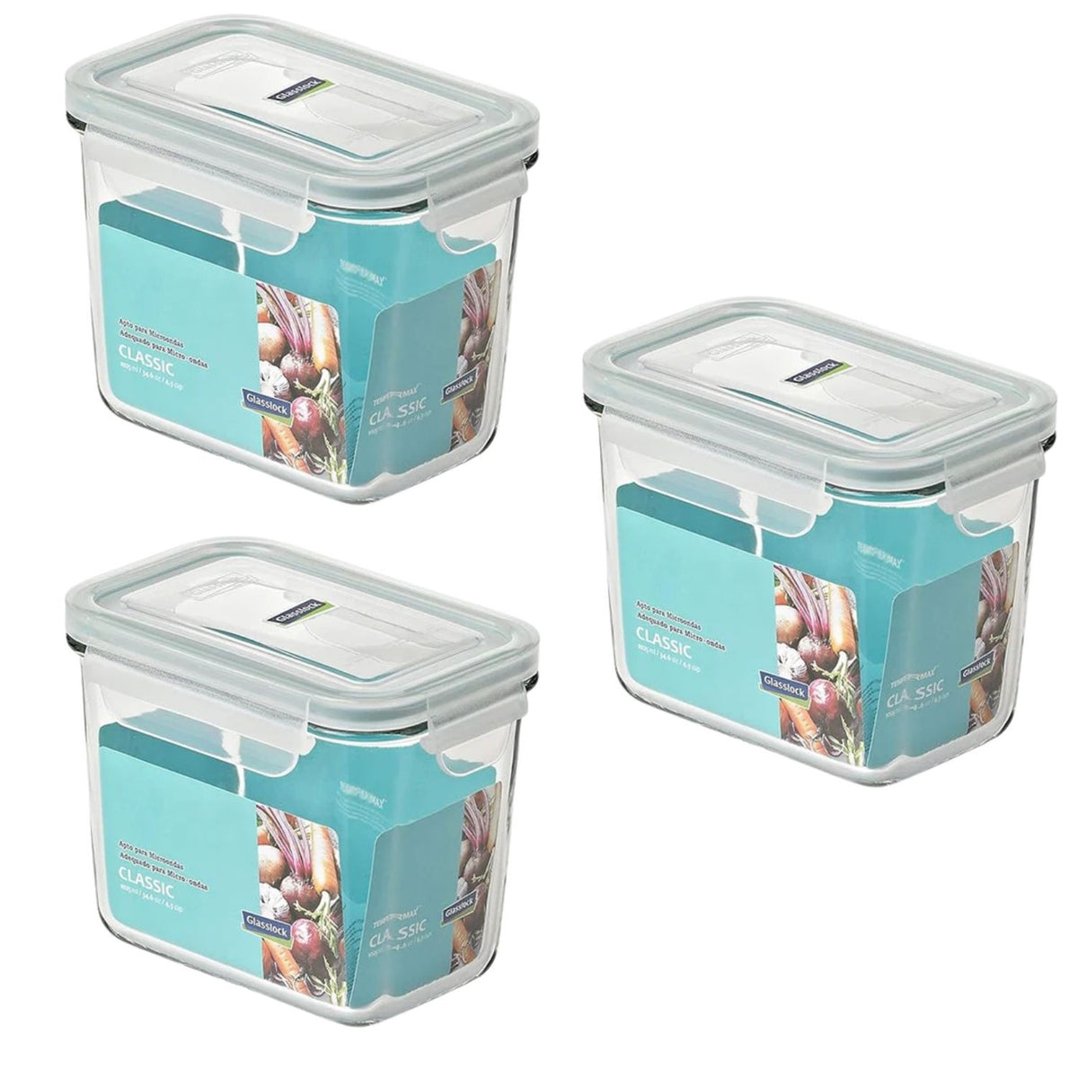 Pack 3 Contenedores Vidrio Hermetico Rect Alto 1025mL Glasslock