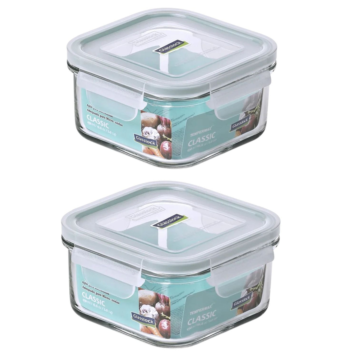 Pack 2 Contenedores Vidrio Hermetico Cuad 490mL Glasslock