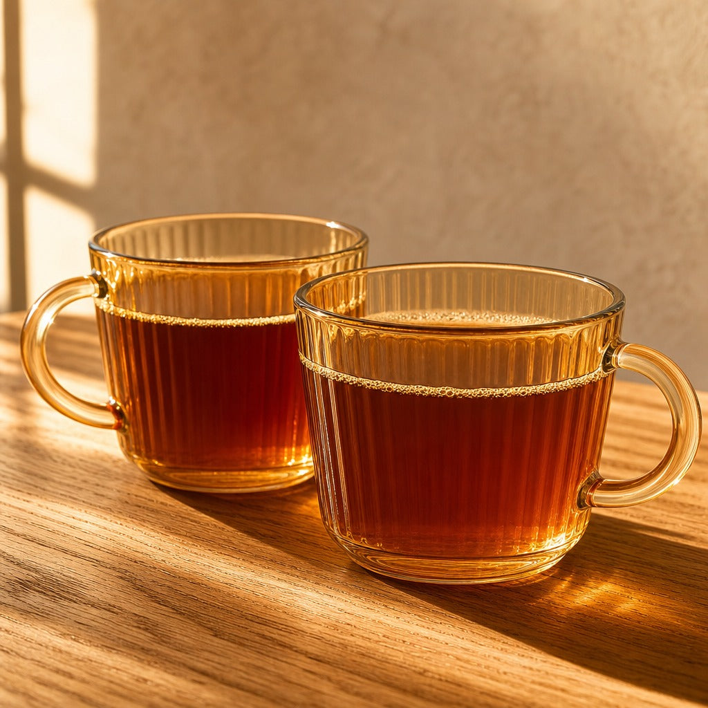 Set 2 Tazas Vidrio Ámbar 380mL Diseño Acanalado Café Té