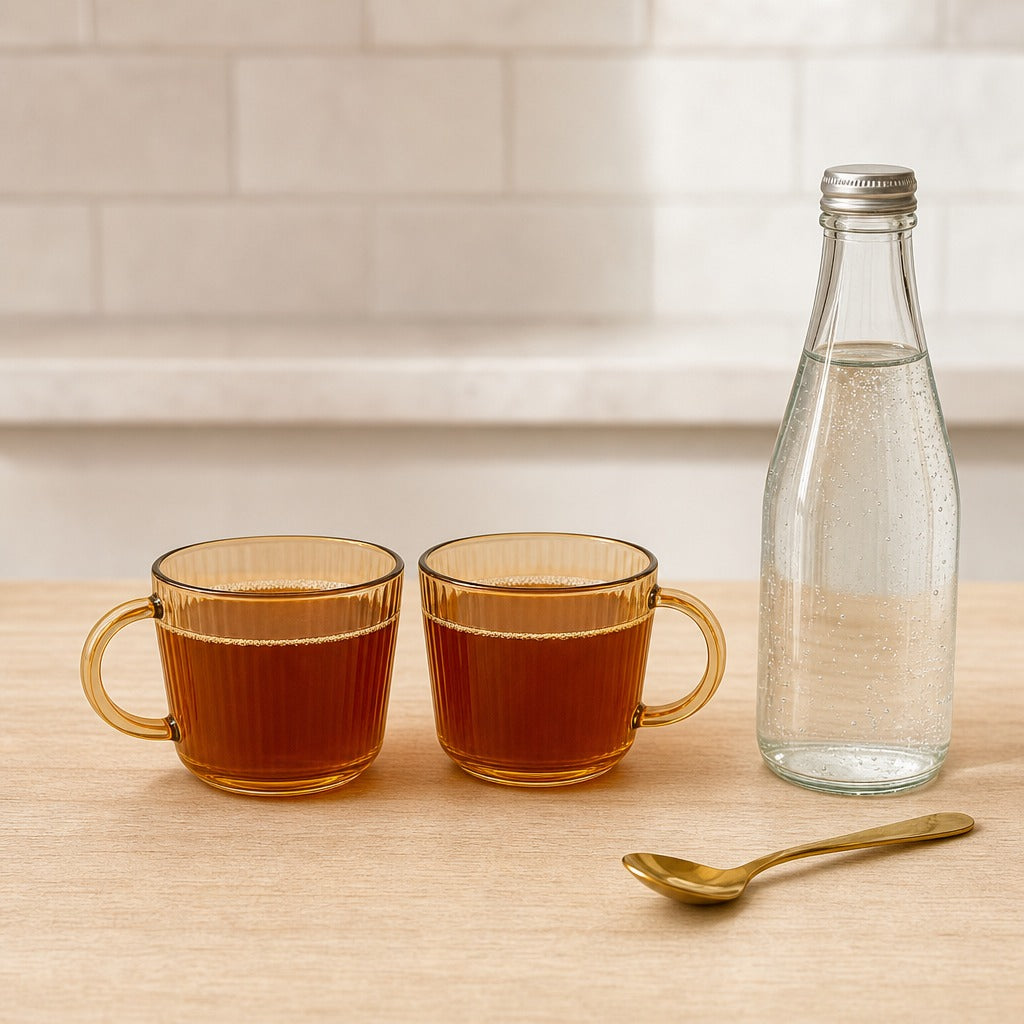 Set 2 Tazas Vidrio Ámbar 380mL Diseño Acanalado Café Té