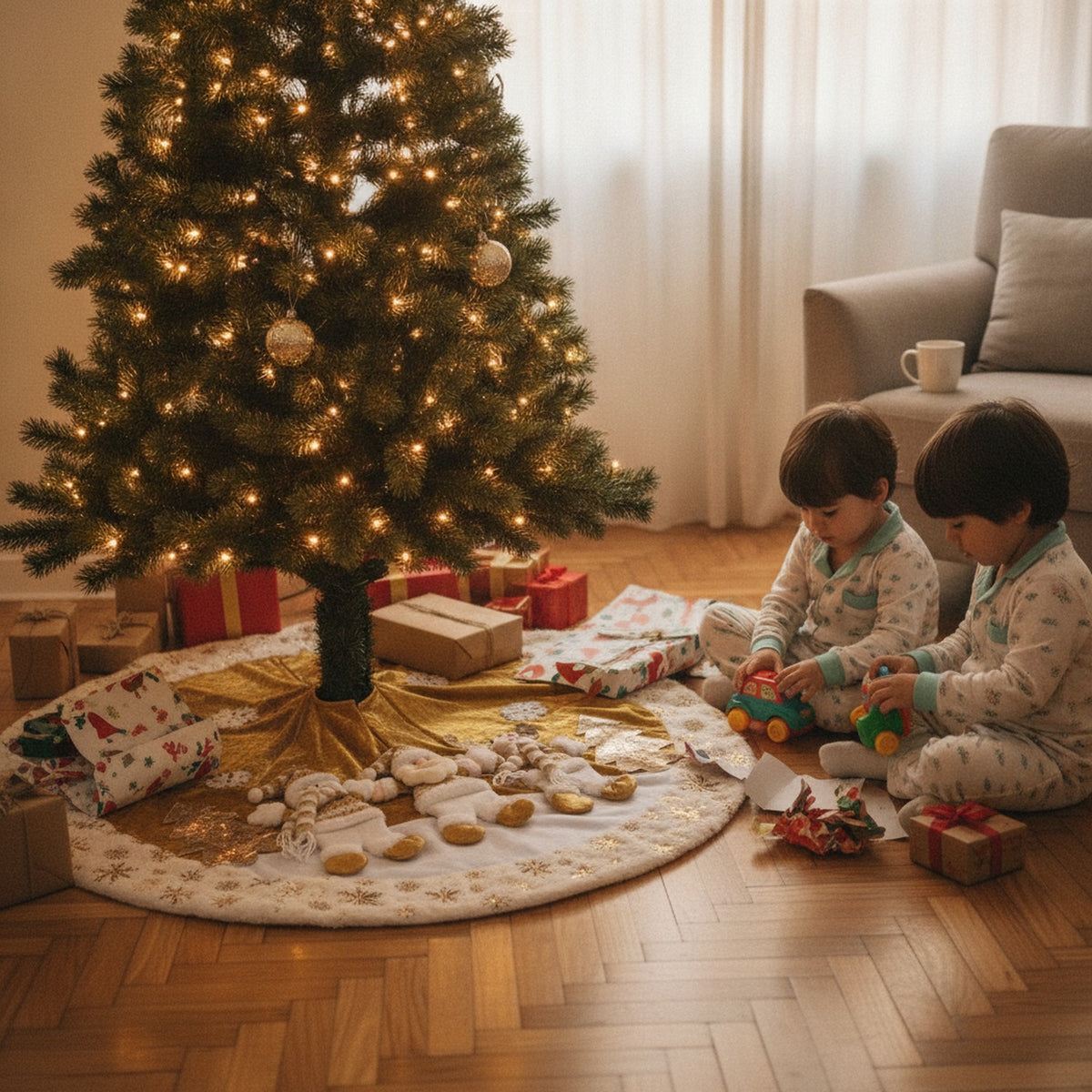 Pie De Árbol Navidad 118cm Dorado Copos Nieve Felpa