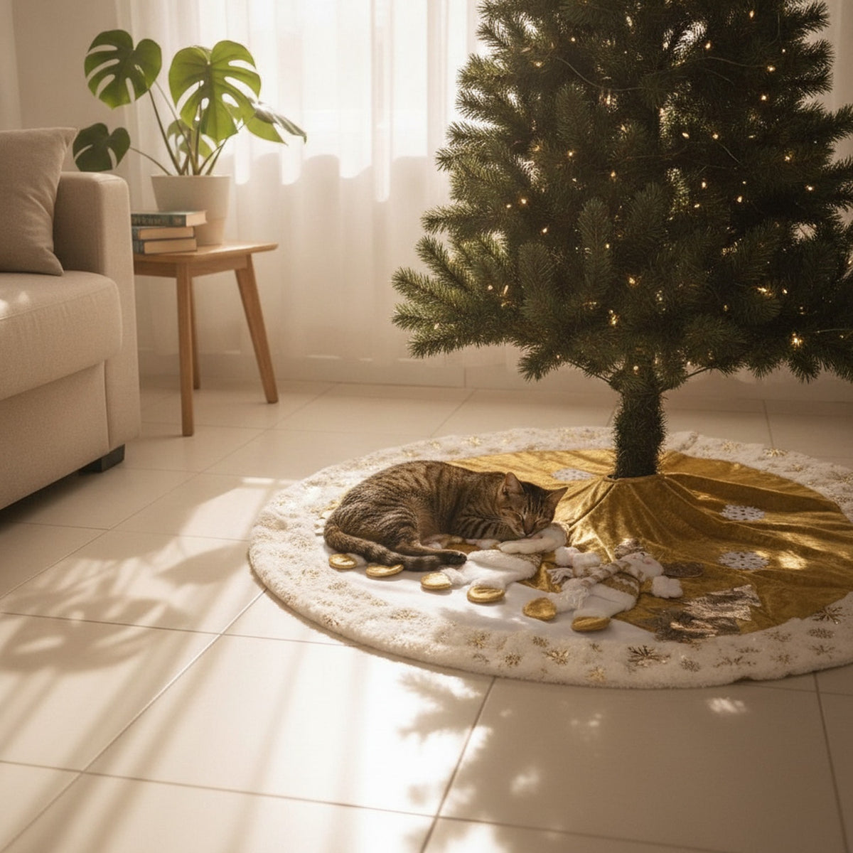 Pie De Árbol Navidad 118cm Dorado Copos Nieve Felpa