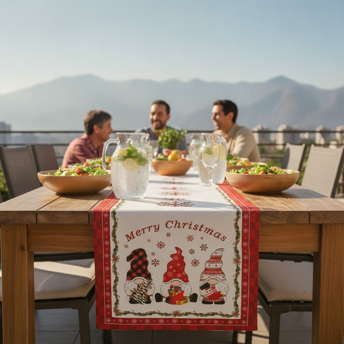 Centro Mesa Navideño 180x36cm Gnomos Renos Rojo