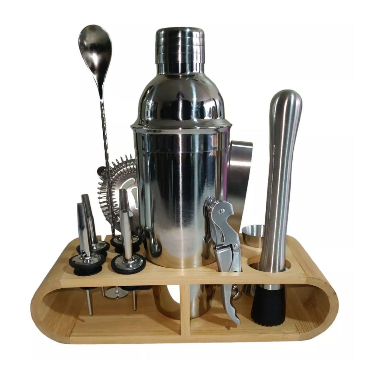 Kit de coctelería de 10 piezas en acero inoxidable plata, incluye coctelera, colador y pinzas para hielo. Ideal para preparar cócteles en casa.-1-2-1