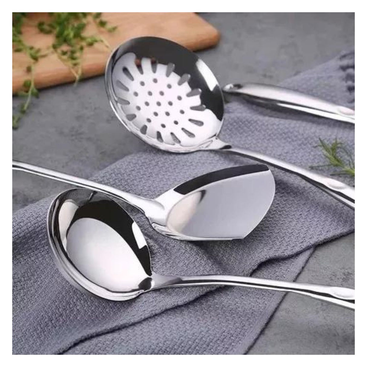 Set de 6 cucharones de cocina multicolor de acero inoxidable, 37 cm, ergonómicos y resistentes, ideales para servir sopas y guisos.-1-2-1