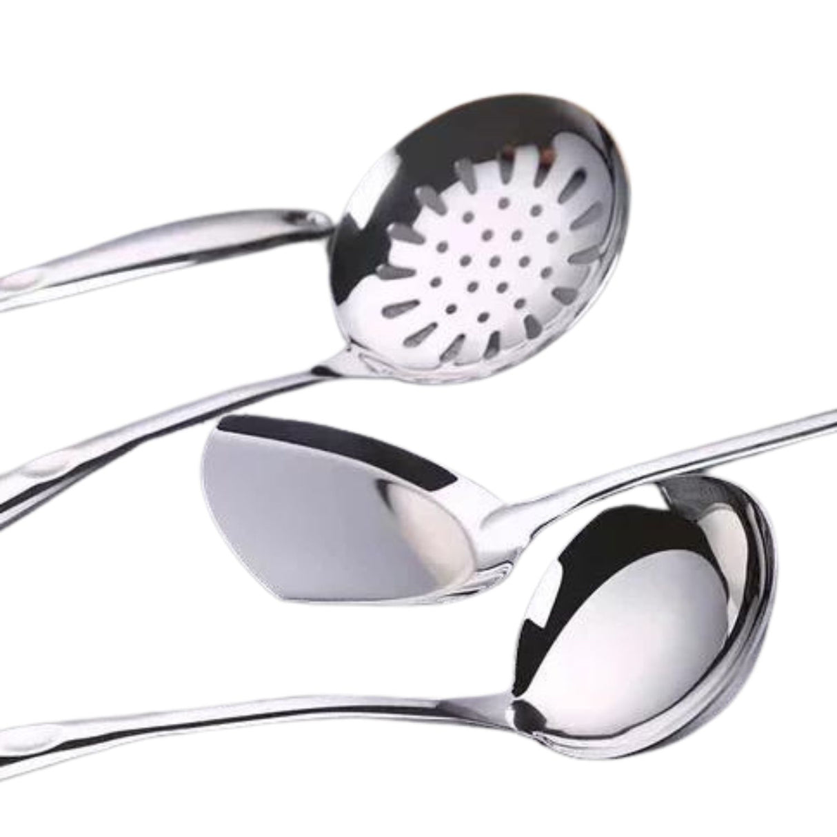 Set de 6 cucharones de cocina multicolor de acero inoxidable, 37 cm, ergonómicos y resistentes, ideales para servir sopas y guisos.-1-4-1