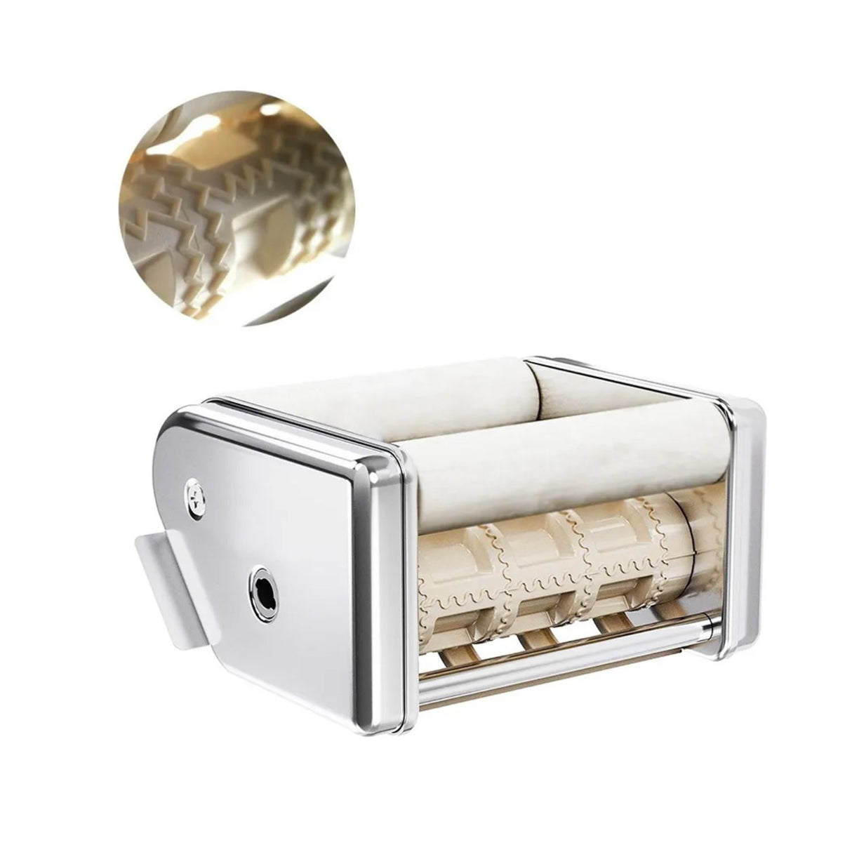 Máquina de ravioles manual de 21 cm en acero inoxidable plata, ideal para hacer pasta fresca en casa con diseño ergonómico y fácil limpieza.-1-2-1