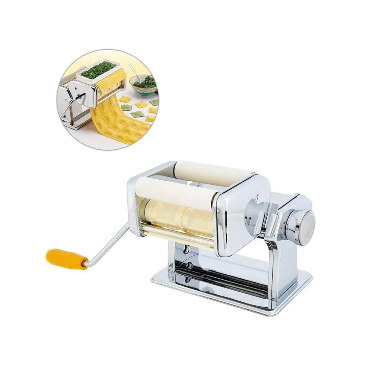 Máquina de ravioles manual de 21 cm en acero inoxidable plata, ideal para hacer pasta fresca en casa con diseño ergonómico y fácil limpieza.-1-3-1