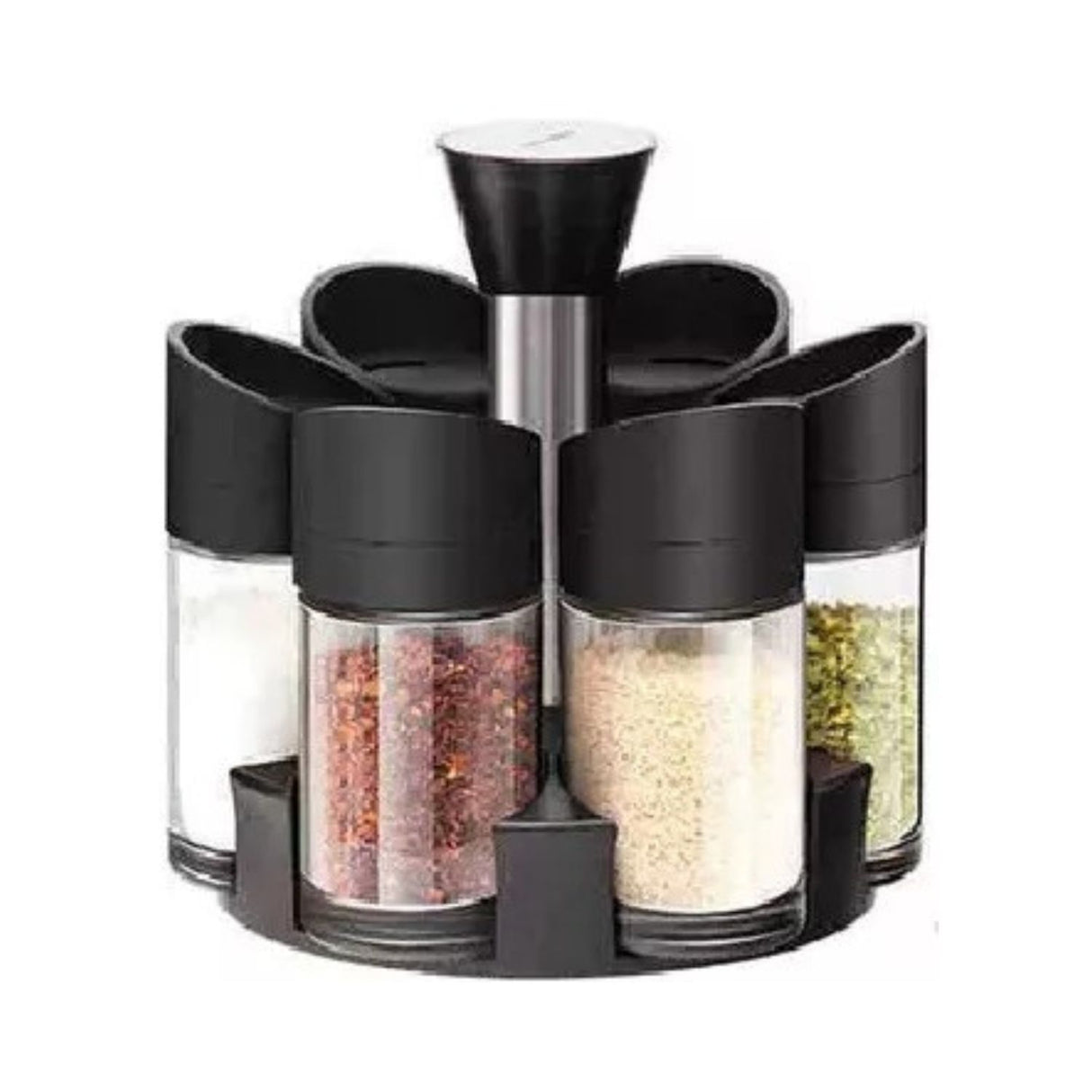 Especiero girador negro de 14 cm con tapa plástica, ideal para organizar especias y mantenerlas frescas. Diseño elegante y funcional.-1-1-1