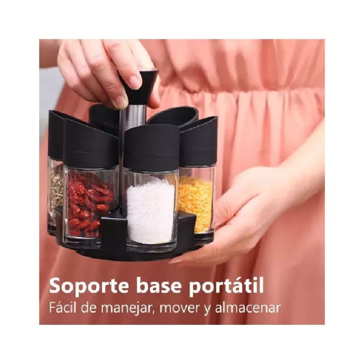Especiero girador negro de 14 cm con tapa plástica, ideal para organizar especias y mantenerlas frescas. Diseño elegante y funcional.-1-4-1