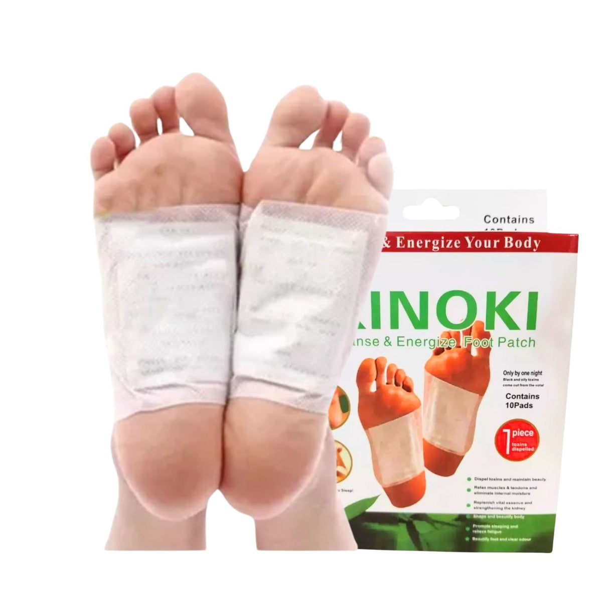 Parches Kinoki hipoalergénicos para pies, blancos con detalles verdes, ideales para desintoxicación y relajación nocturna.-1-1-1