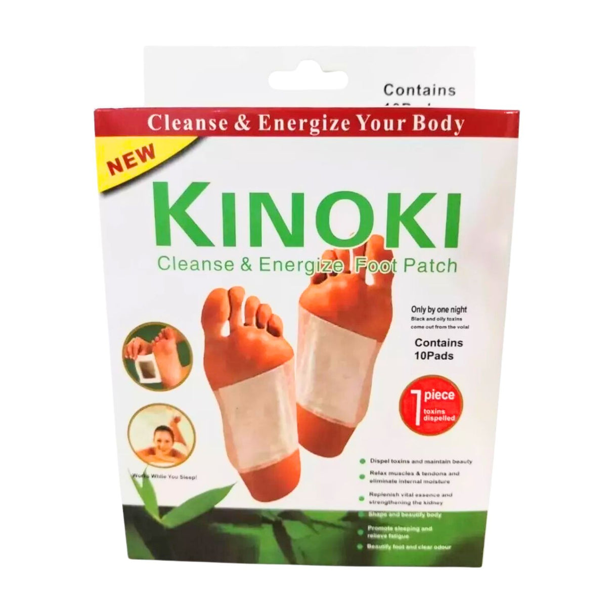 Parches Kinoki hipoalergénicos para pies, blancos con detalles verdes, ideales para desintoxicación y relajación nocturna.-1-2-1