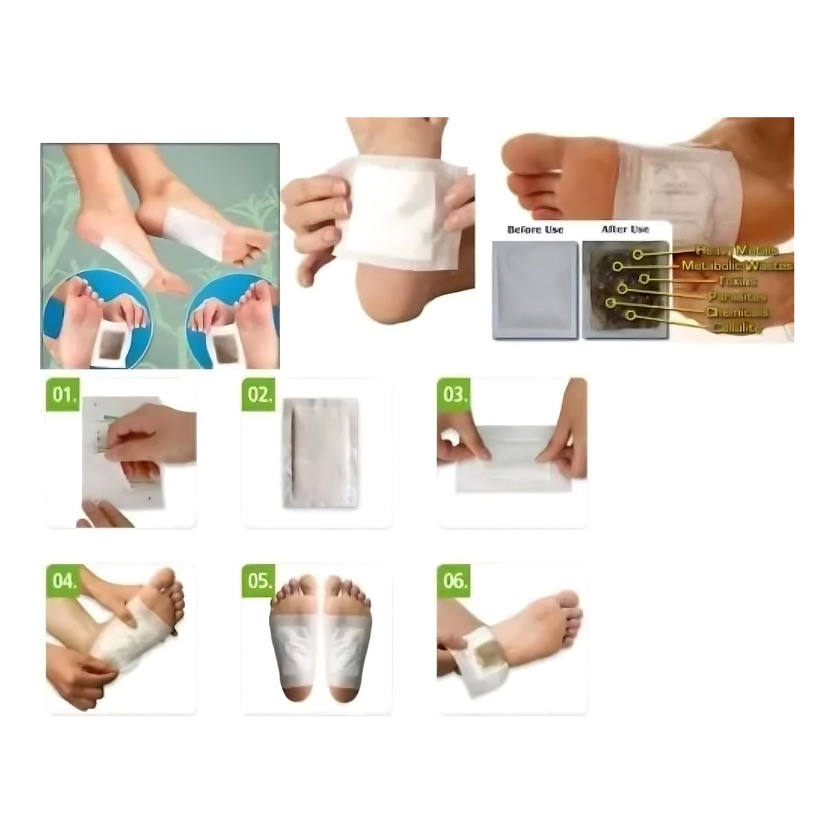 Parches Kinoki hipoalergénicos para pies, blancos con detalles verdes, ideales para desintoxicación y relajación nocturna.-1-4-1