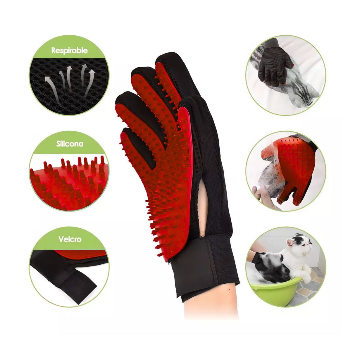 Guante cepillo para perros de 30 cm en rojo, con cerdas de silicona para cepillado y masaje, ideal para eliminar pelo suelto y suciedad.-1-4-1