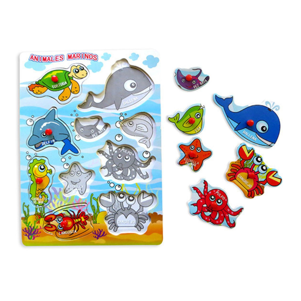 Tabla de Encaje de Madera con Nombres de Animales Marinos. Ideal para aprender jugando y desarrollar habilidades. ¡Compra ahora y diviértete!-1-2-1-1-1