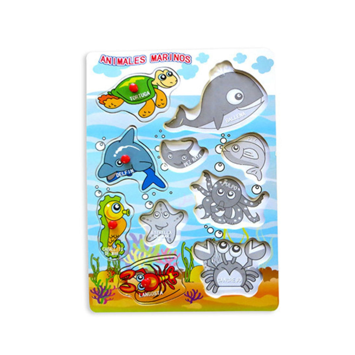 Tabla de Encaje de Madera con Nombres de Animales Marinos. Ideal para aprender jugando y desarrollar habilidades. ¡Compra ahora y diviértete!-1-3-1-1-1