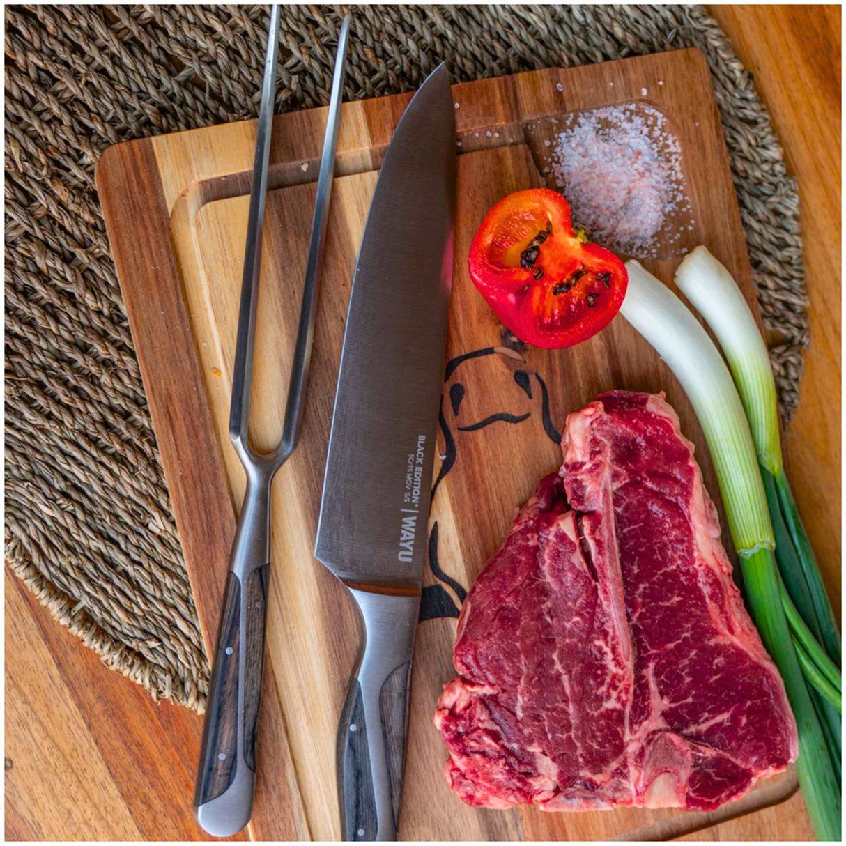 Set Parrillero Wayu Black Edition Cuchillo Con Pincho Premium