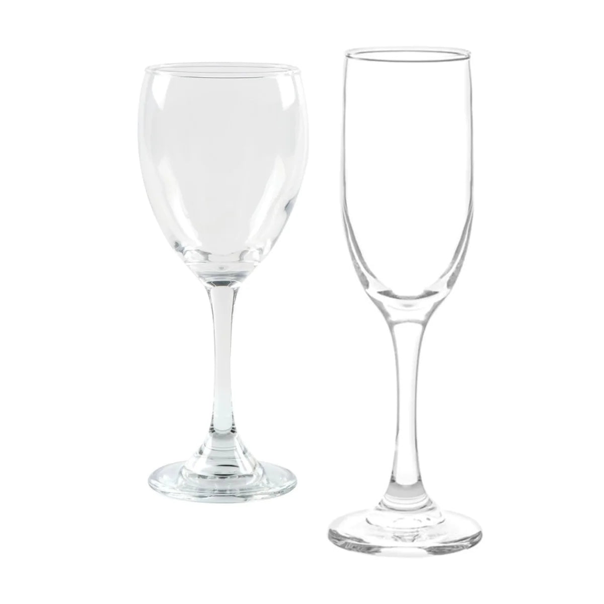 Set de 12 copas de vidrio transparente: 6 copas de champagne y 6 copas de vino, ideales para celebraciones elegantes y duraderas.-1-3-1-1