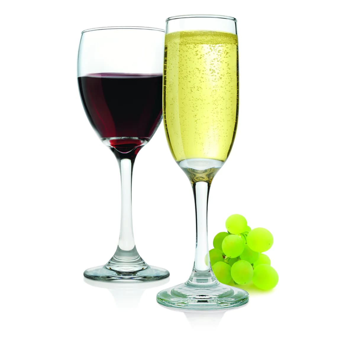 Set de 12 copas de vidrio transparente: 6 copas de champagne y 6 copas de vino, ideales para celebraciones elegantes y duraderas.-1-4-1-1