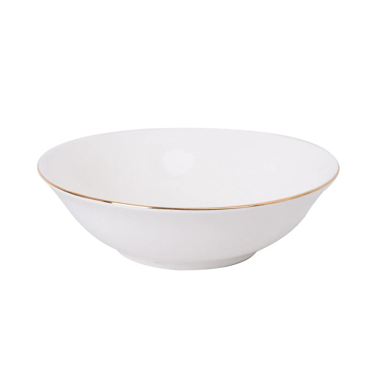 Ensaladera de porcelana blanca con borde dorado, 25cm, ideal para servir ensaladas y frutas, apta para microondas y lavavajillas.-1-4-1-1
