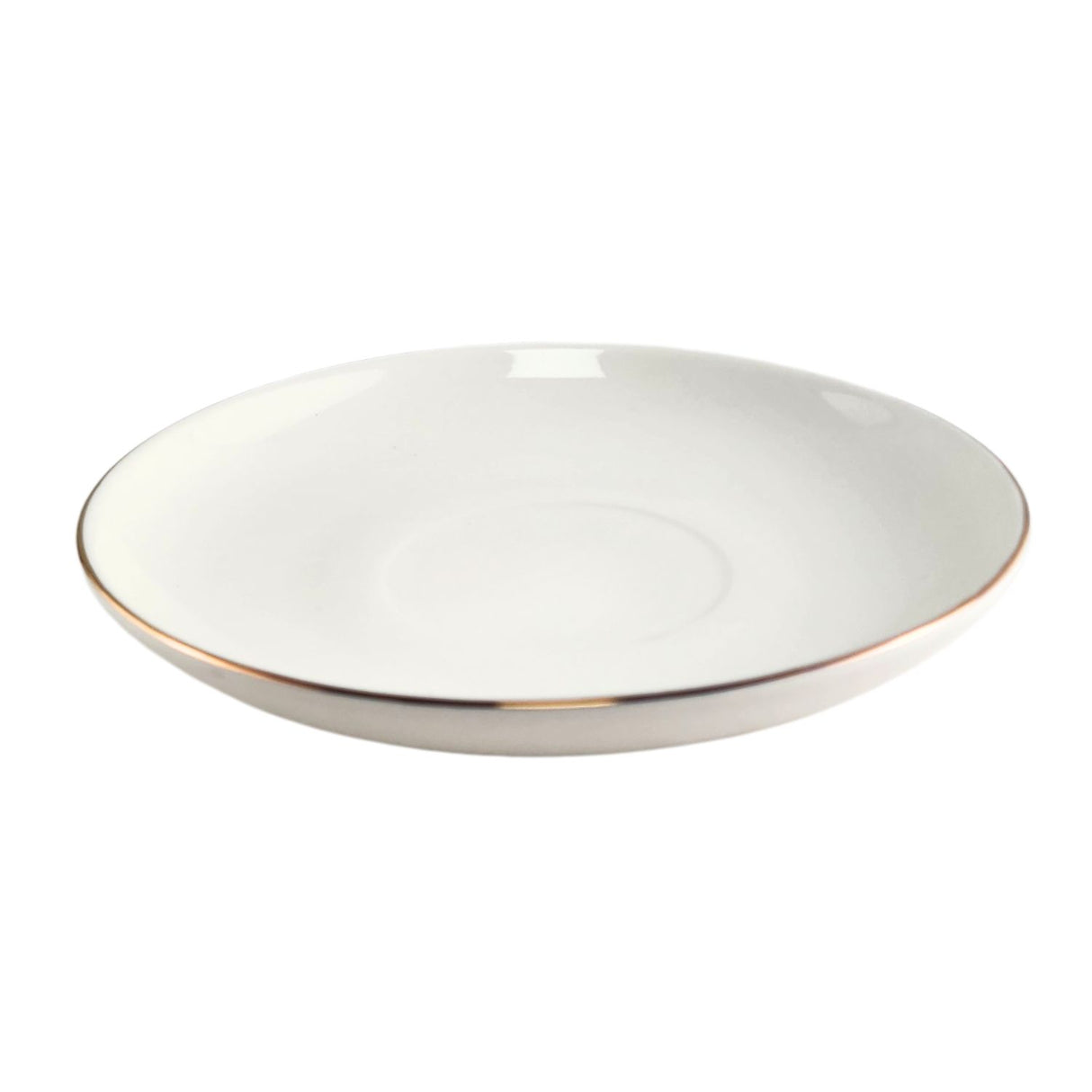 Platillo Royal de 15cm en porcelana blanca con borde dorado, ideal para servir postres y aperitivos en cenas elegantes.-1-1-1-1