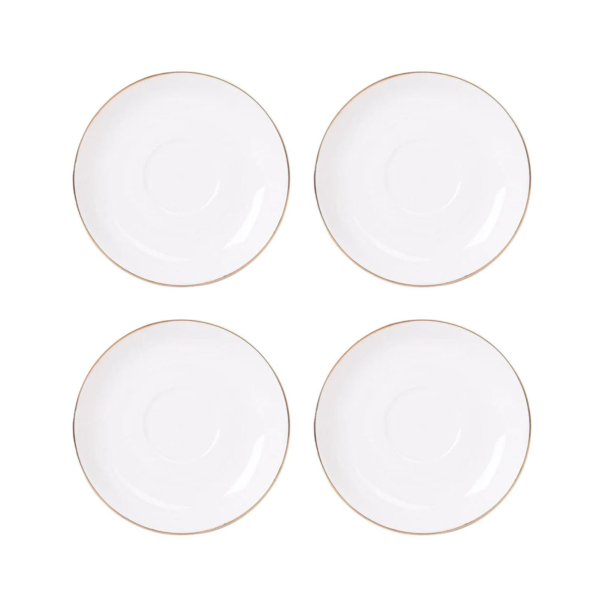 Set de 4 platillos de porcelana blanca de 15cm con borde dorado, ideales para servir aperitivos y postres en ocasiones especiales.-1-2-1-1
