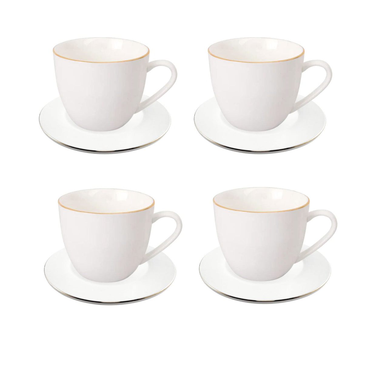 Set de 4 tazas de porcelana blanca con platillos y borde dorado, ideal para café y té, apto para lavavajillas y resistente al uso diario.-1-1-1-1