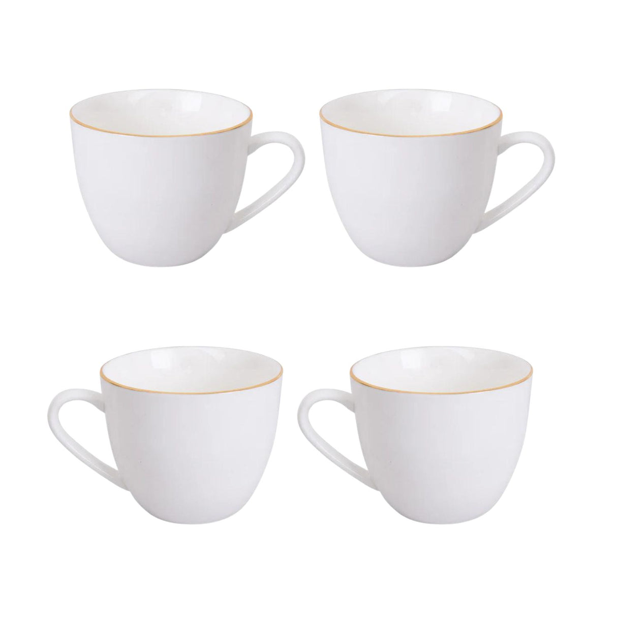 Set de 4 tazas de porcelana blanca con platillos y borde dorado, ideal para café y té, apto para lavavajillas y resistente al uso diario.-1-4-1-1