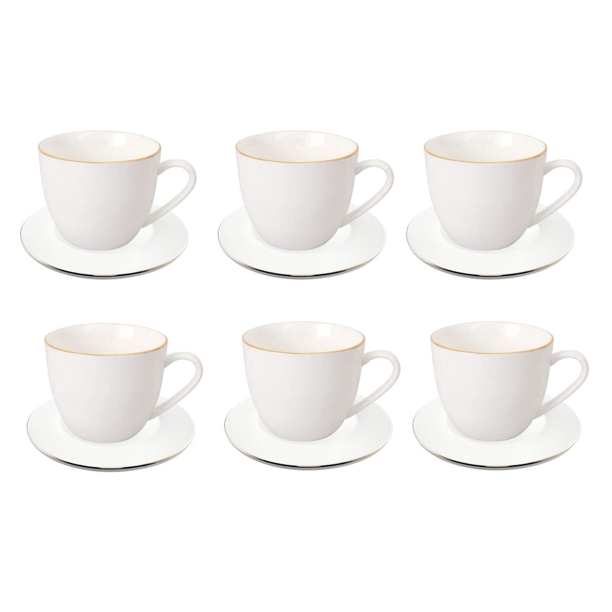 Set de 6 tazas de porcelana blanca con platillos y borde dorado, ideal para café y té, apto para lavavajillas, elegante y funcional.-2-2-1-1