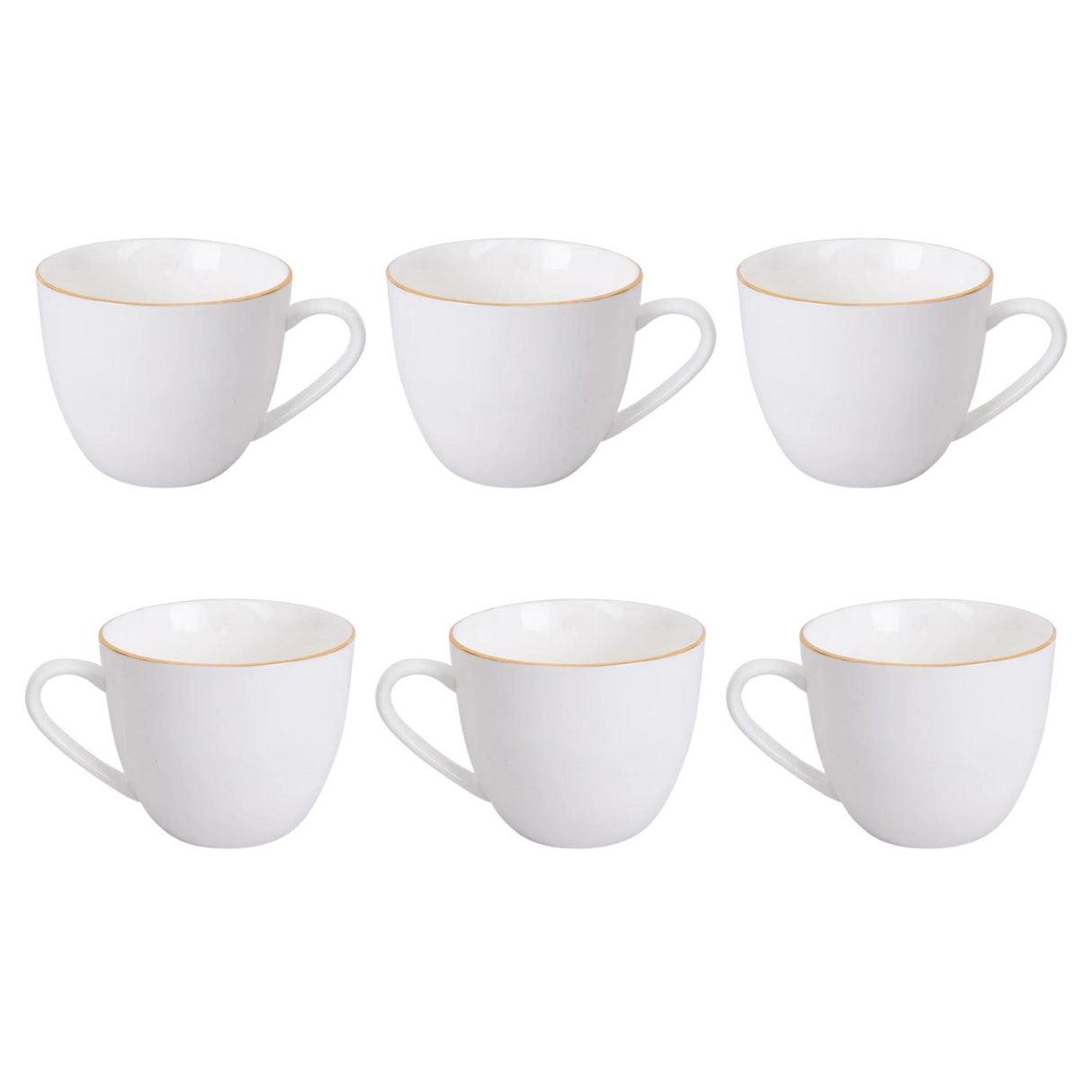 Set de 6 tazas de porcelana blanca con platillos y borde dorado, ideal para café y té, apto para lavavajillas, elegante y funcional.-2-4-1-1