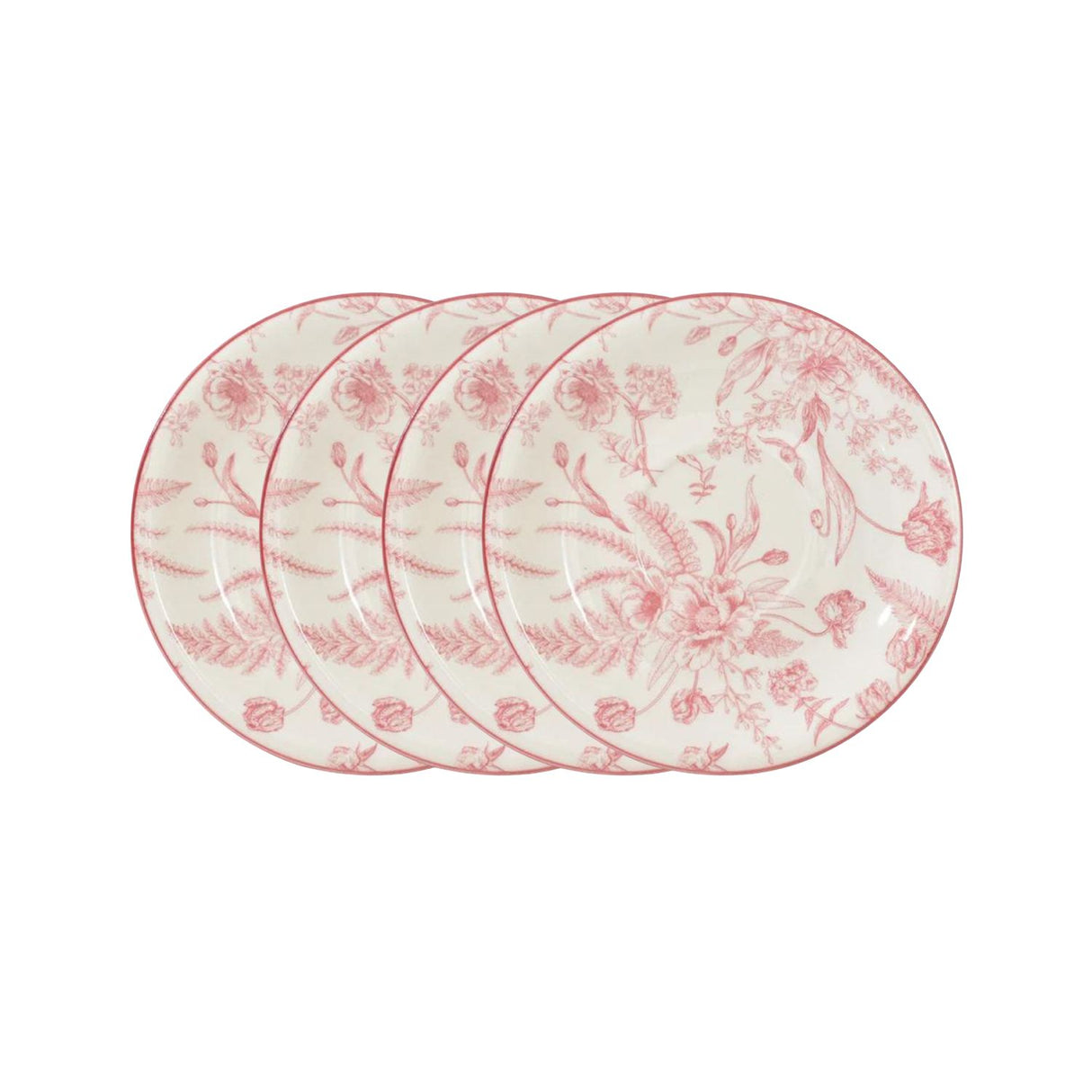 Set de 4 platillos de porcelana blanca con diseño floral rosado, ideales para servir aperitivos y postres, aptos para microondas y lavavajillas.-1-1-1-1