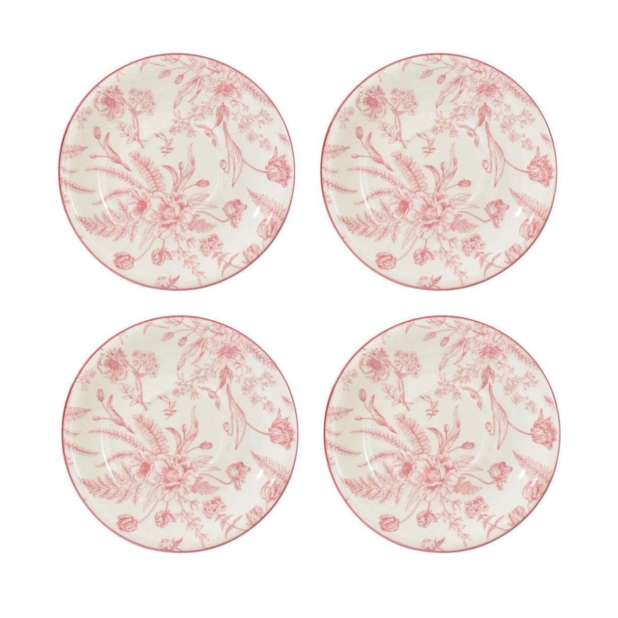 Set de 4 platillos de porcelana blanca con diseño floral rosado, ideales para servir aperitivos y postres, aptos para microondas y lavavajillas.-1-2-1-1