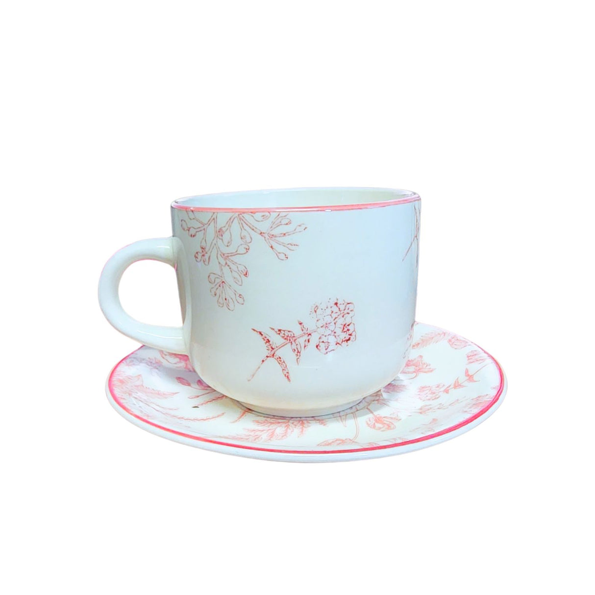 Set de taza y platillo Royal de porcelana, diseño floral en rosa y verde, ideal para café y té, apto para microondas y lavavajillas.-2-3-1-1