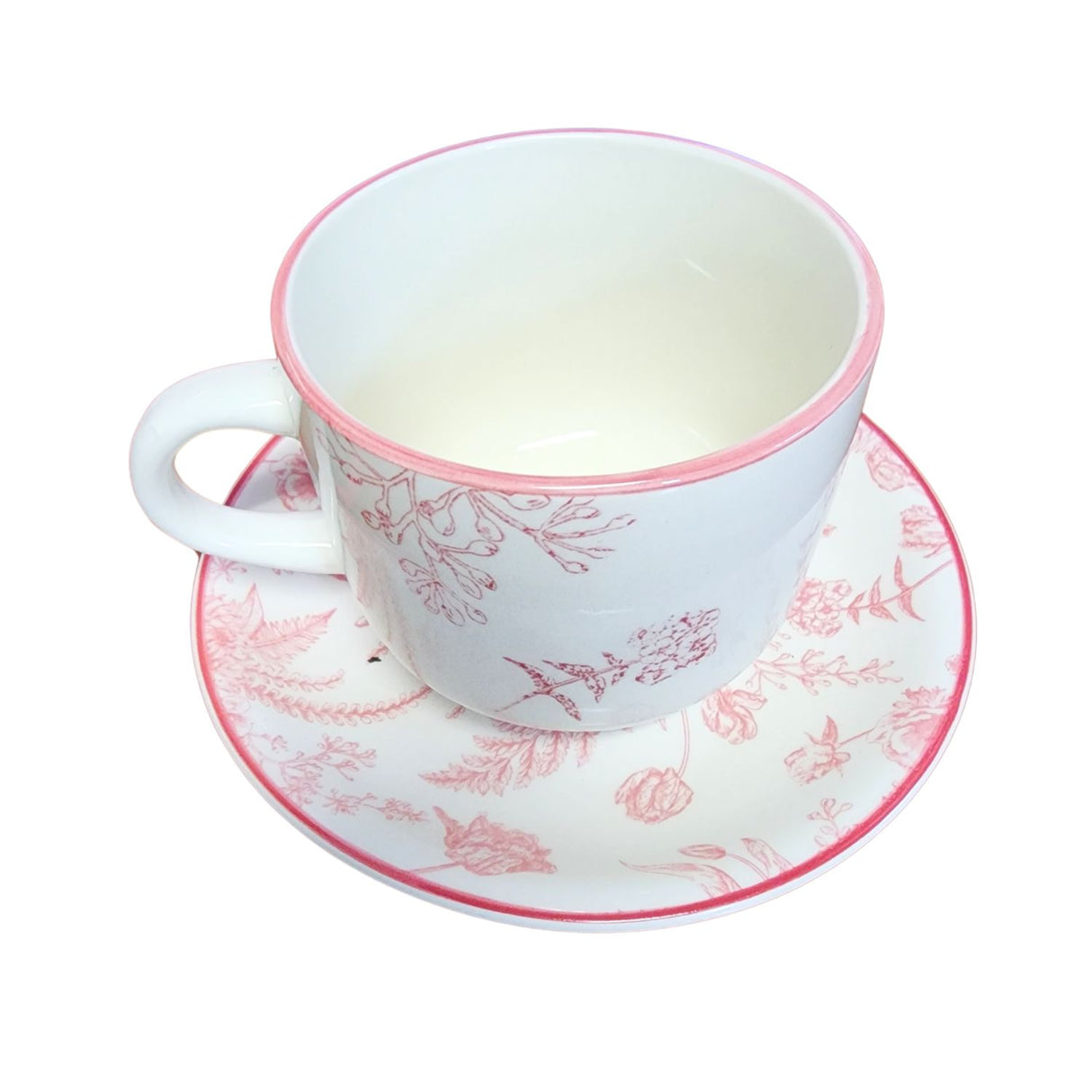 Set de taza y platillo Royal de porcelana, diseño floral en rosa y verde, ideal para café y té, apto para microondas y lavavajillas.-2-4-1-1