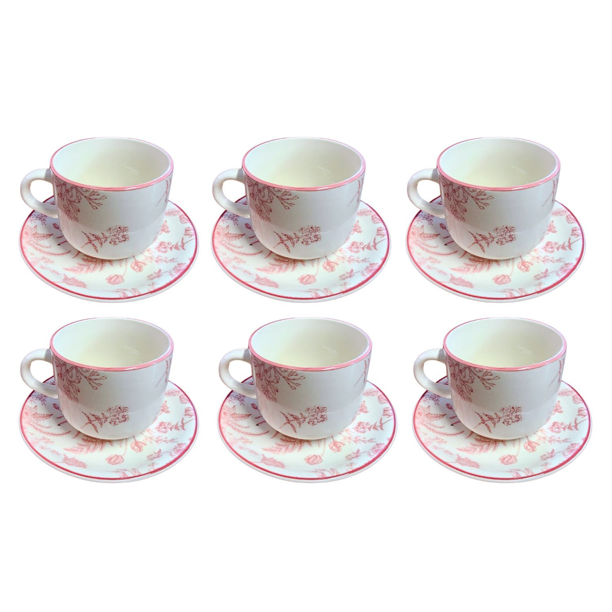 Set de 6 tazas de porcelana blanca con platillos, diseño de rosas, 260mL, apto para microondas y lavavajillas, ideal para café y té.-3-4-1-1