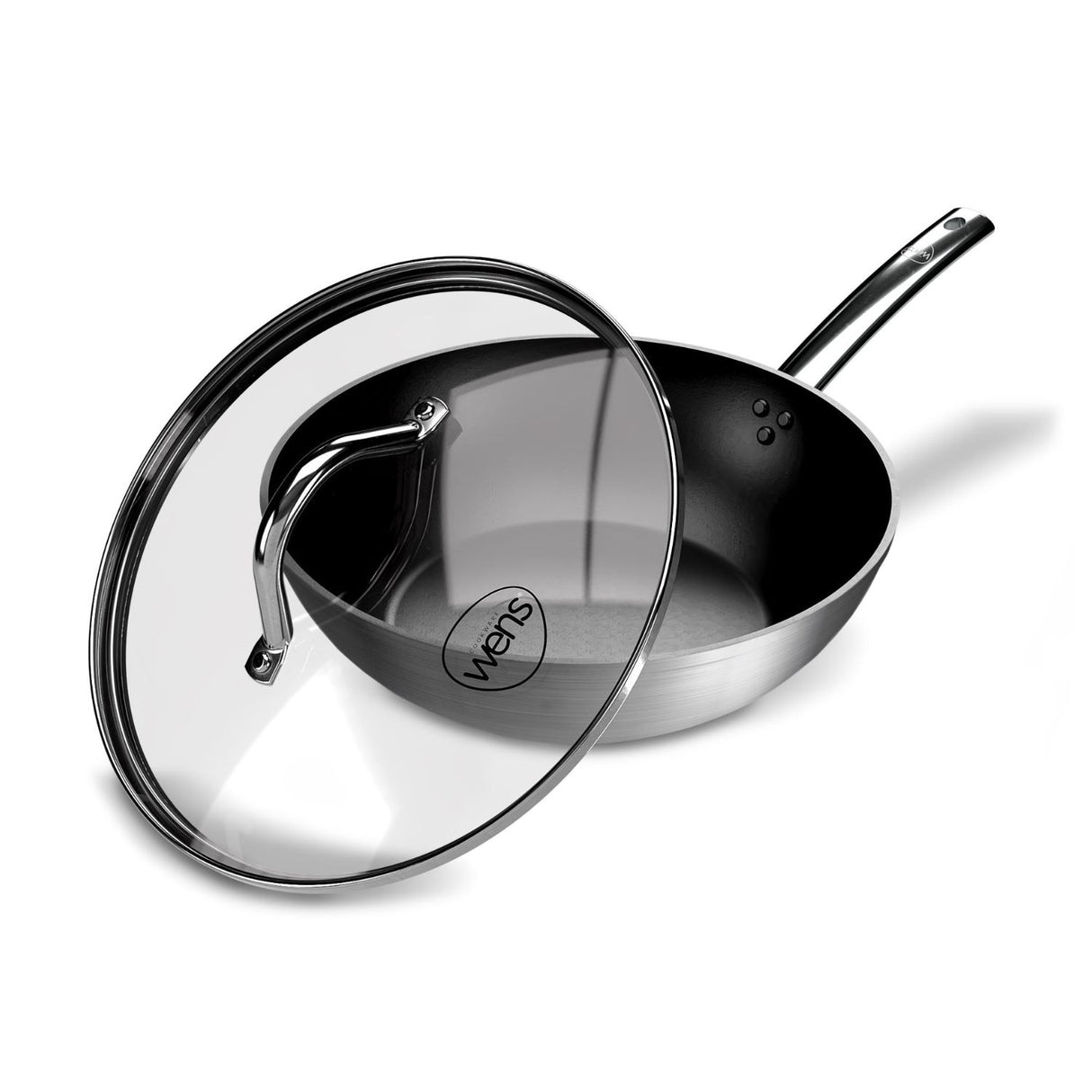 Wok Wens Hard Anodized de 28 cm, acero inoxidable, antiadherente PFLUON, tapa de vidrio, ideal para salteados y frituras.-1-3-1-1